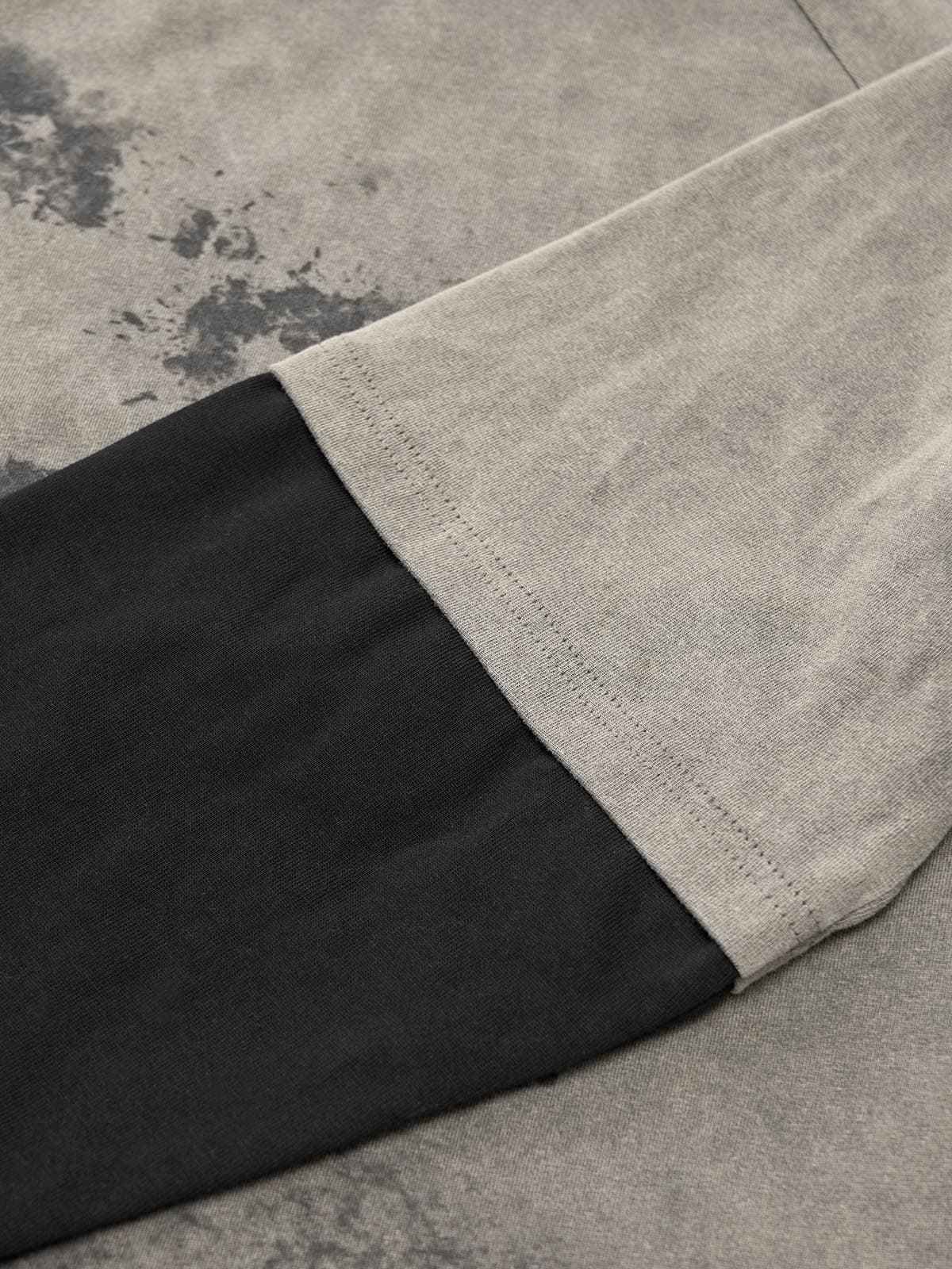 Washed Contrast Color Print Long Sleeve Cotton T-shirt