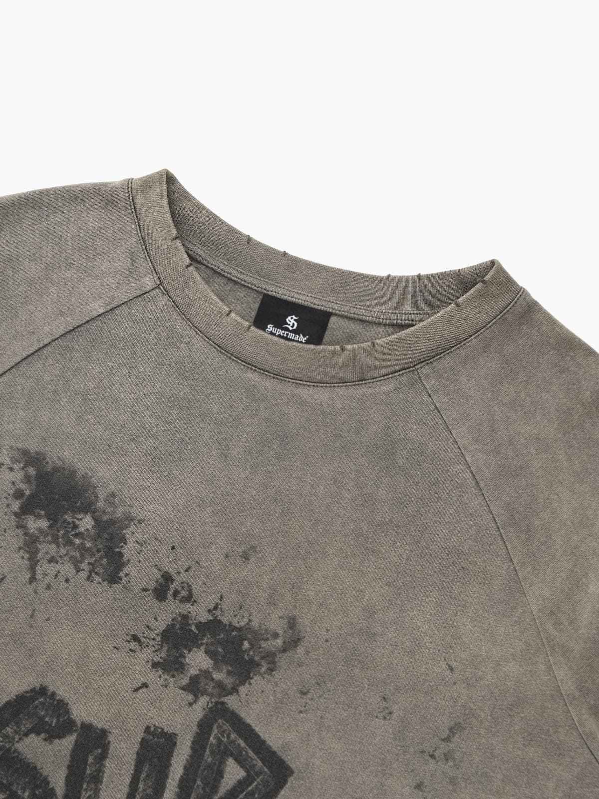 Washed Contrast Color Print Long Sleeve Cotton T-shirt