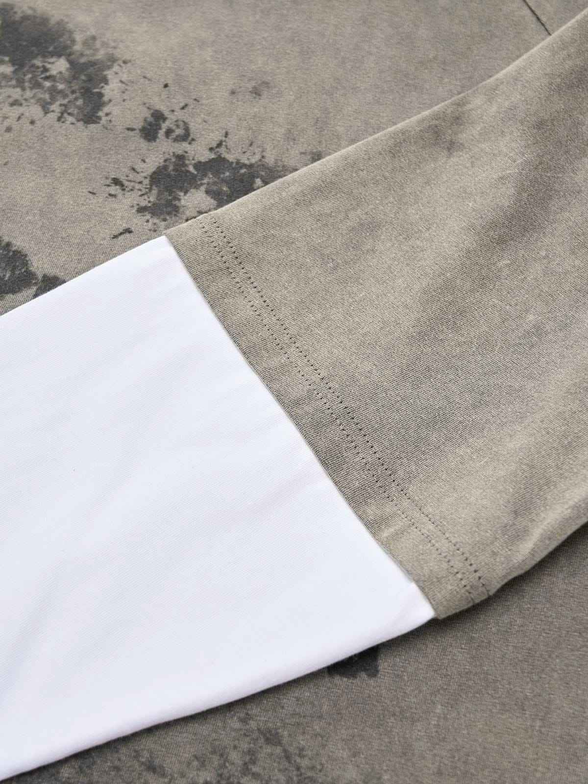 Washed Contrast Color Print Long Sleeve Cotton T-shirt