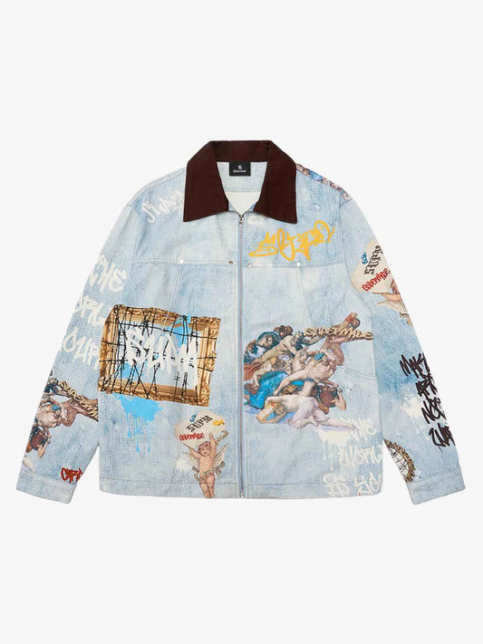 Artistic Patches Graphic  Distressed Denim Jacket - 2573