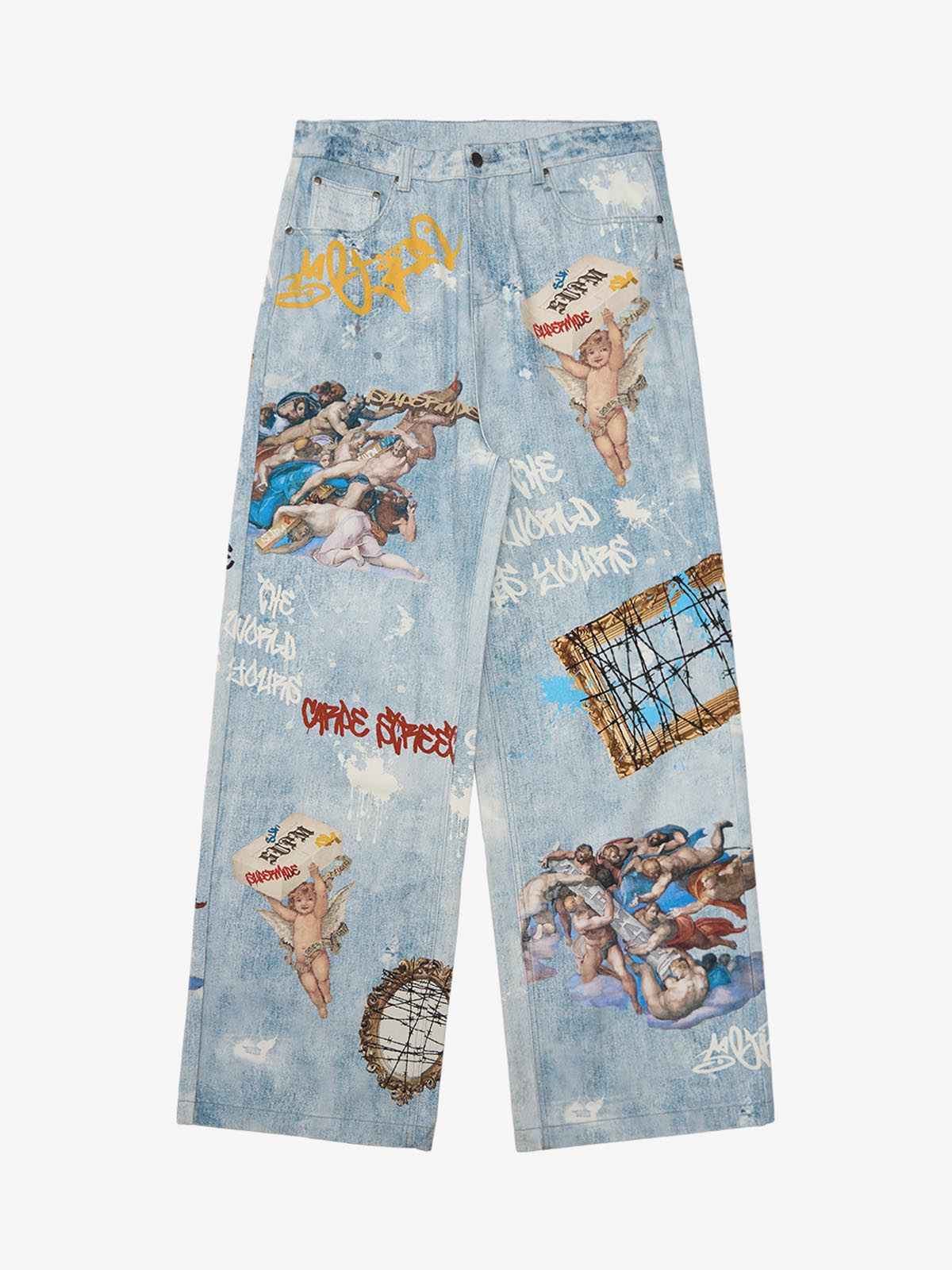 Retro Artistic Graffiti Angelic Prints Baggy Jeans - 2574
