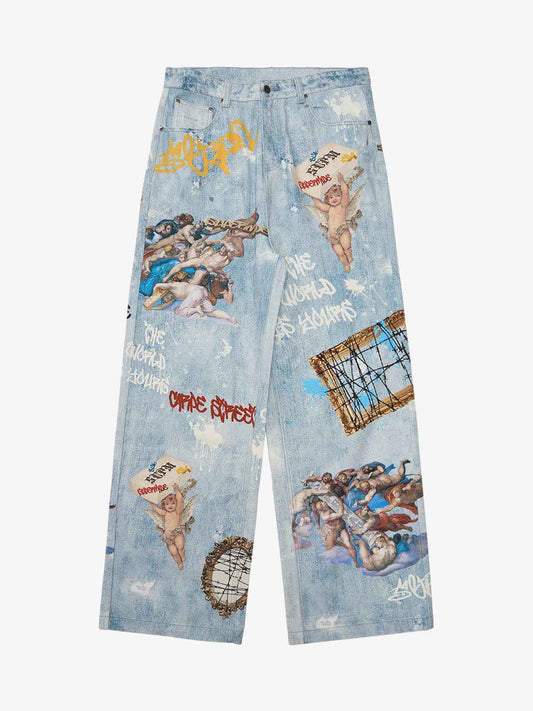 Retro Artistic Graffiti Angelic Prints Baggy Jeans - 2574