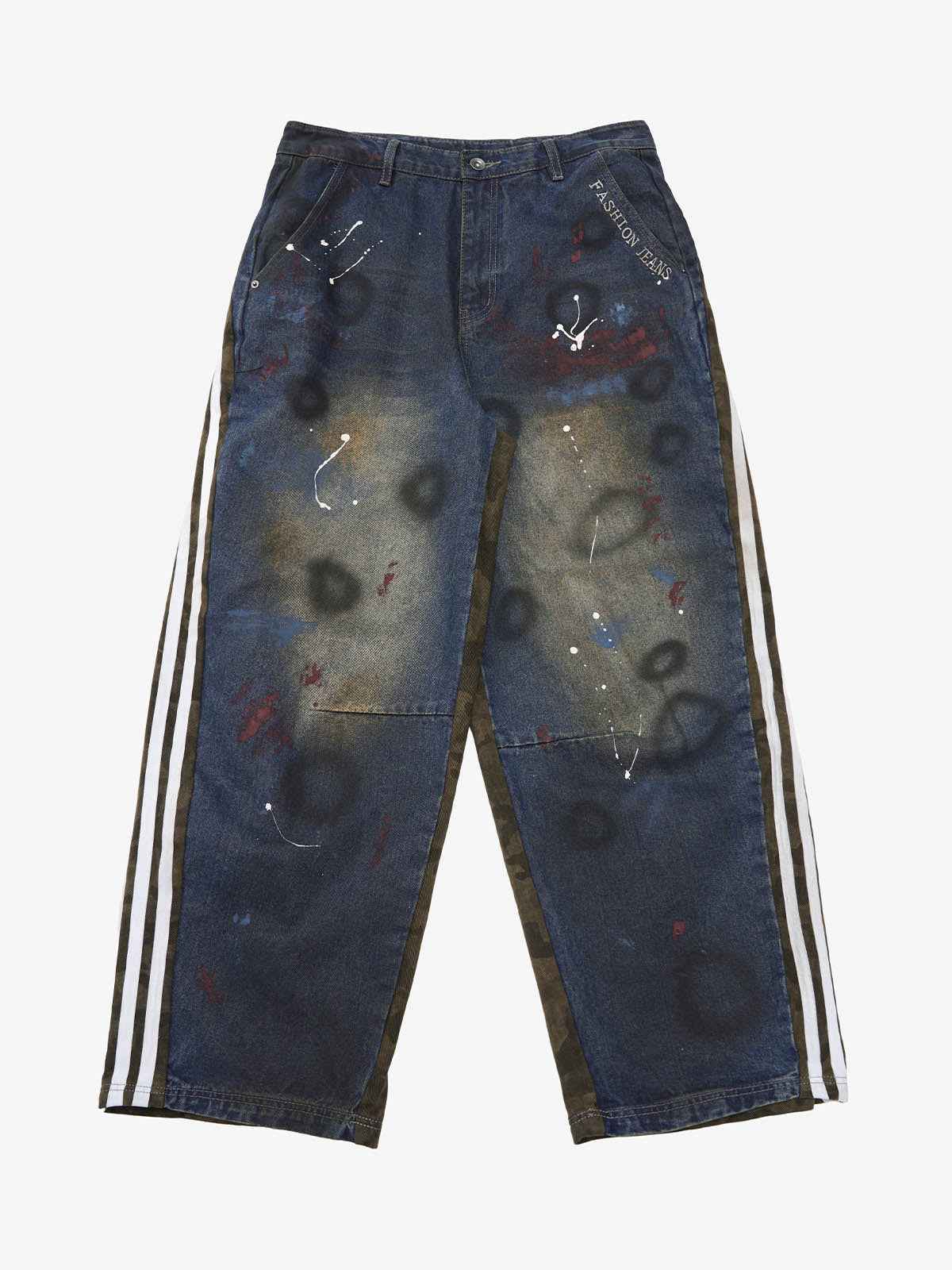 Washed Stripe Patchwork Totem Print Baggy Jeans