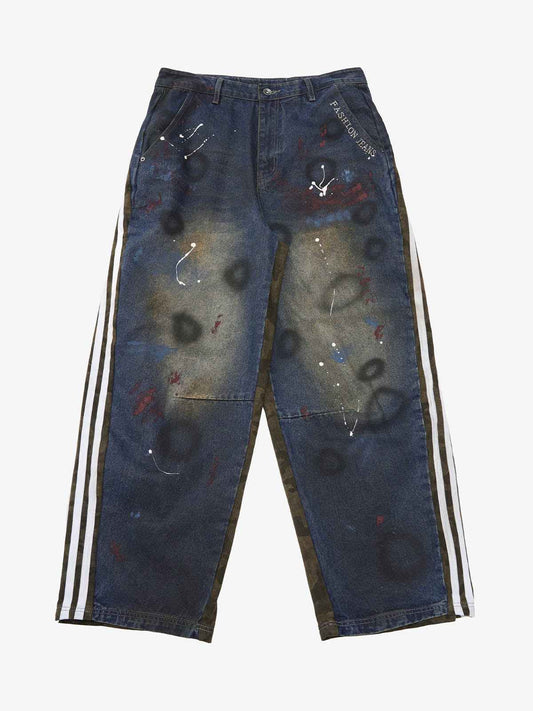 Washed Stripe Patchwork Totem Print Baggy Jeans