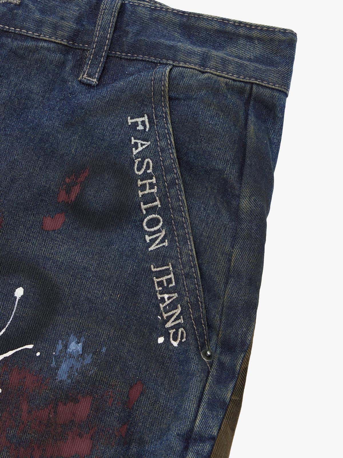 Washed Stripe Patchwork Totem Print Baggy Jeans - Luxuryurbanwear