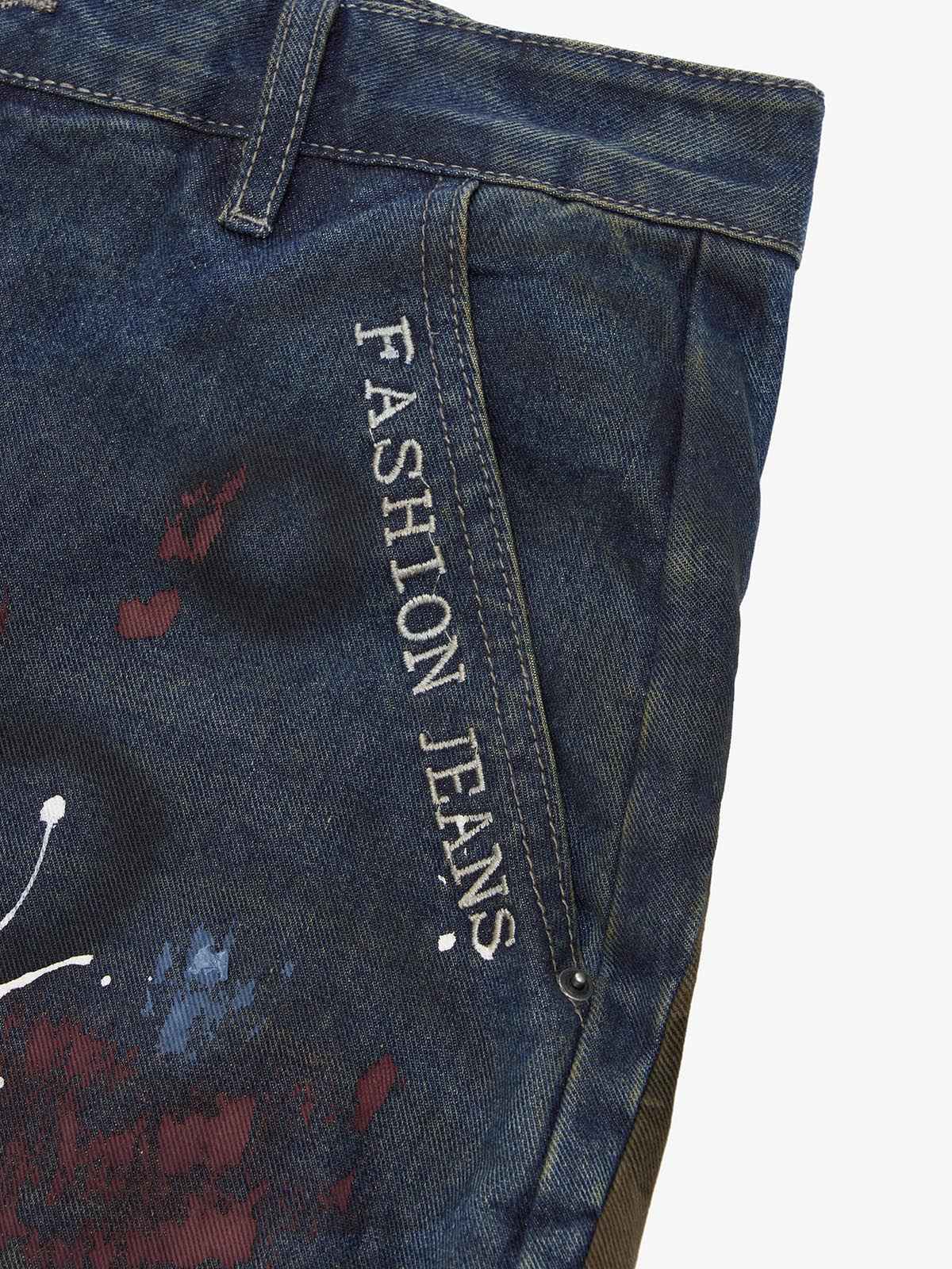 Washed Stripe Patchwork Totem Print Baggy Jeans