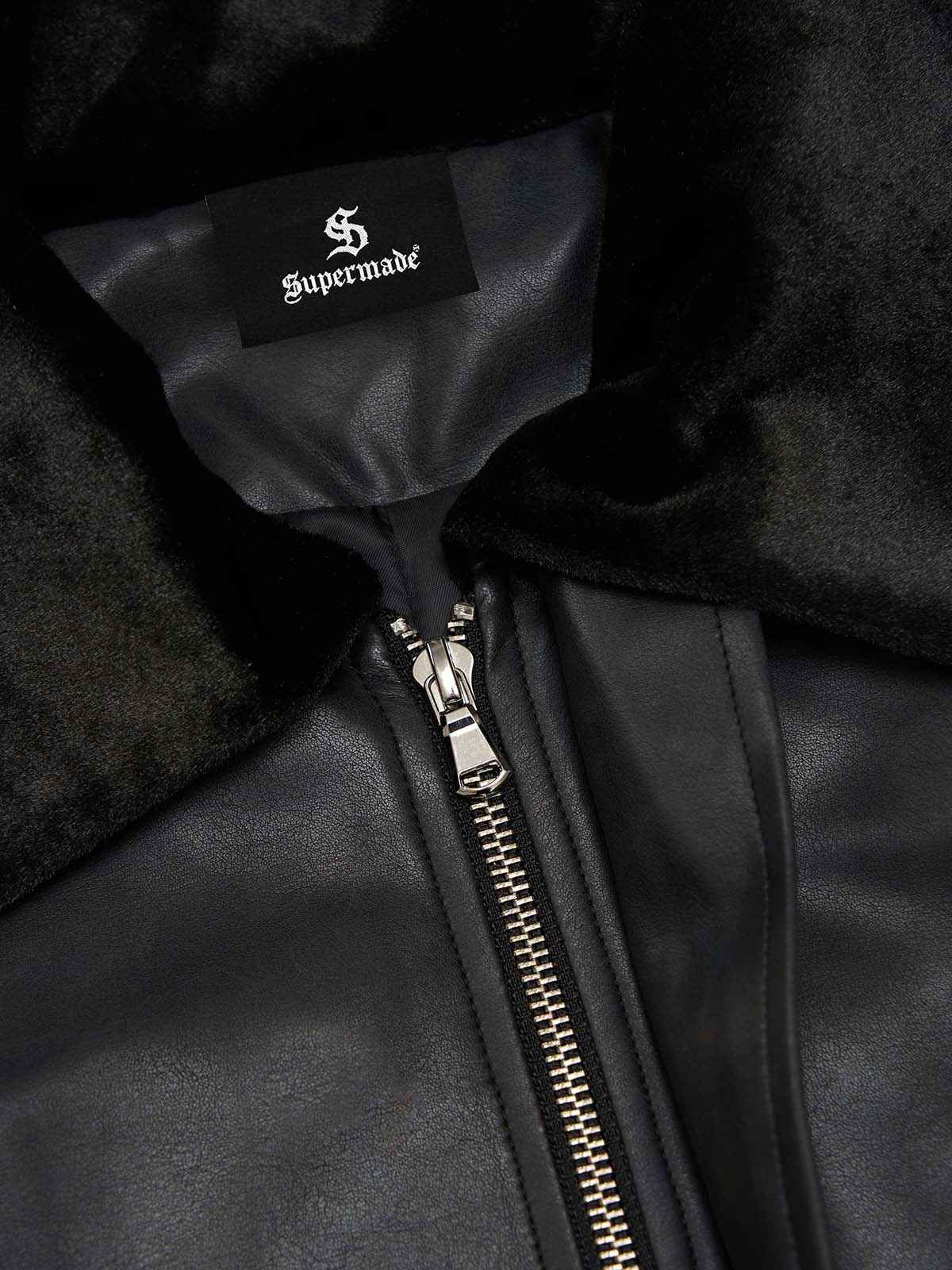 SUPM Fur Collar Rhinestone Pattern Leather Jacket - 2557