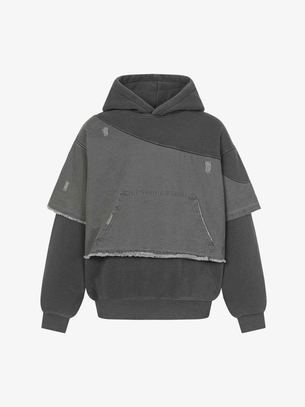 Distressed Patchwork Raw-Edge Layered-Hem Fleece Hoodie