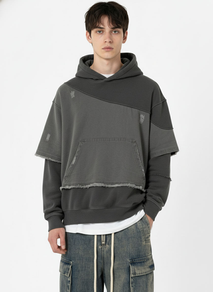 Distressed Patchwork Raw-Edge Layered-Hem Fleece Hoodie - Luxuryurbanwear