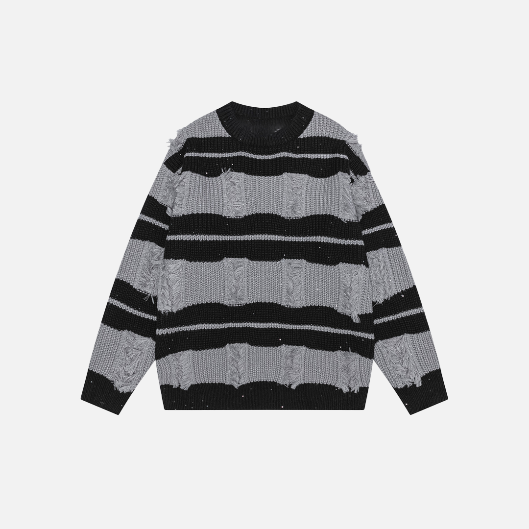 Contrast Color Stripe Ripped Crochet Crewneck Sweater - Luxuryurbanwear
