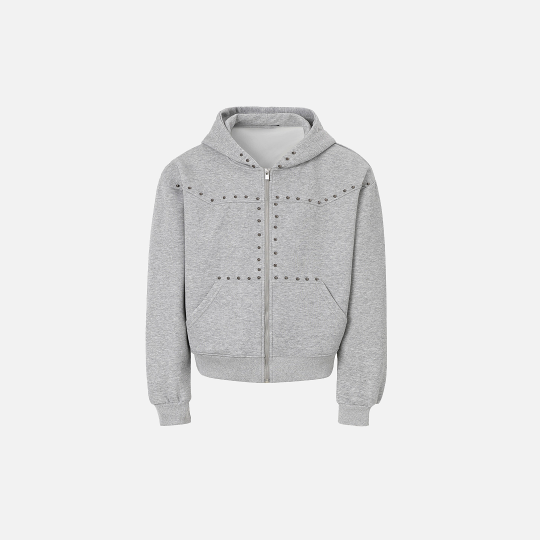 Heavyweight Metal Studs Zip-Up Hooded Sweatshirt - Luxuryurbanwear