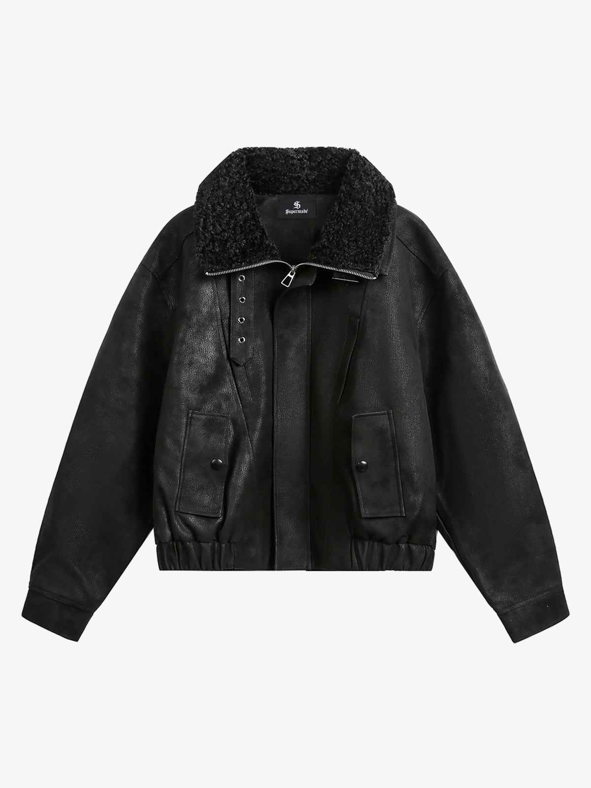 Vintage Faux Fur Collar Patchwork PU Leather Zip Up Jacket