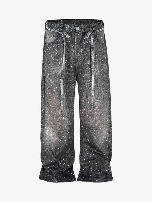 Denim Distressed Belt Diamond Decorated Jeans