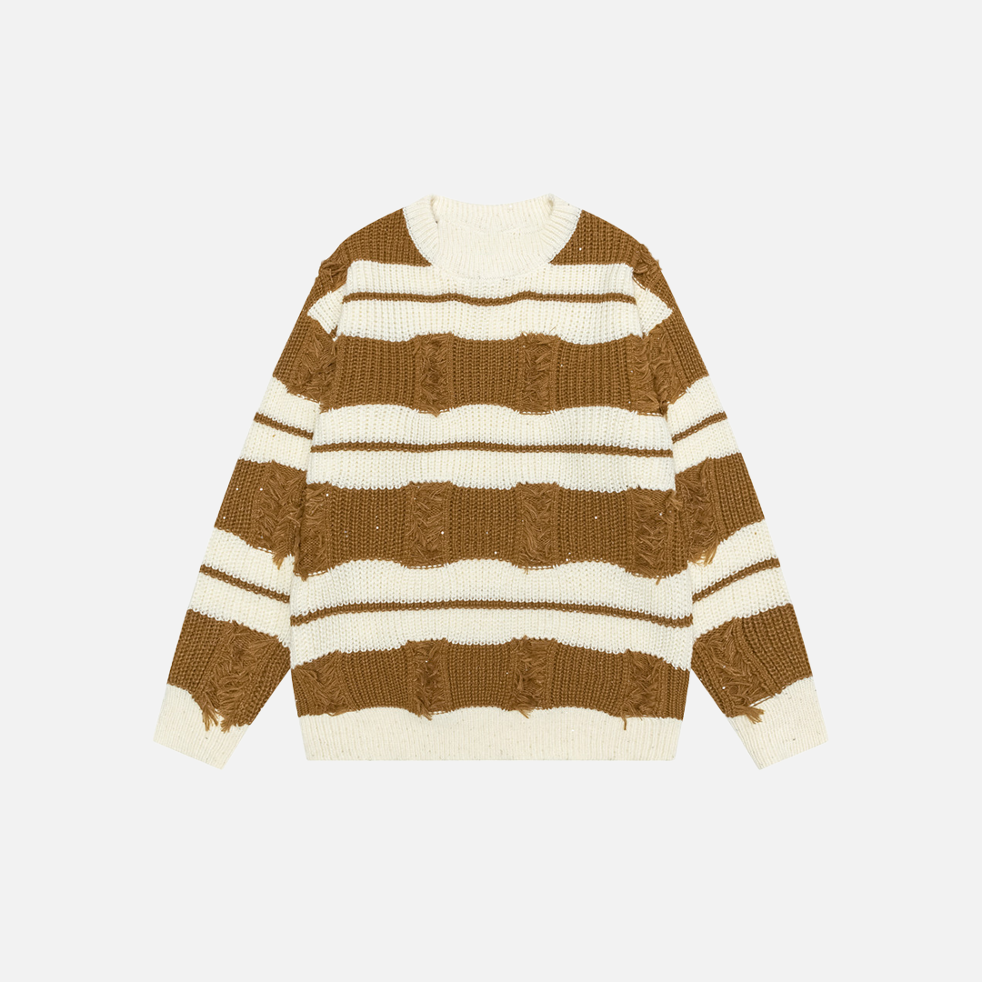 Contrast Color Stripe Ripped Crochet Crewneck Sweater - Luxuryurbanwear