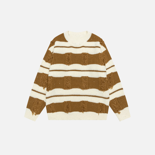 Contrast Color Stripe Ripped Crochet Crewneck Sweater - Luxuryurbanwear