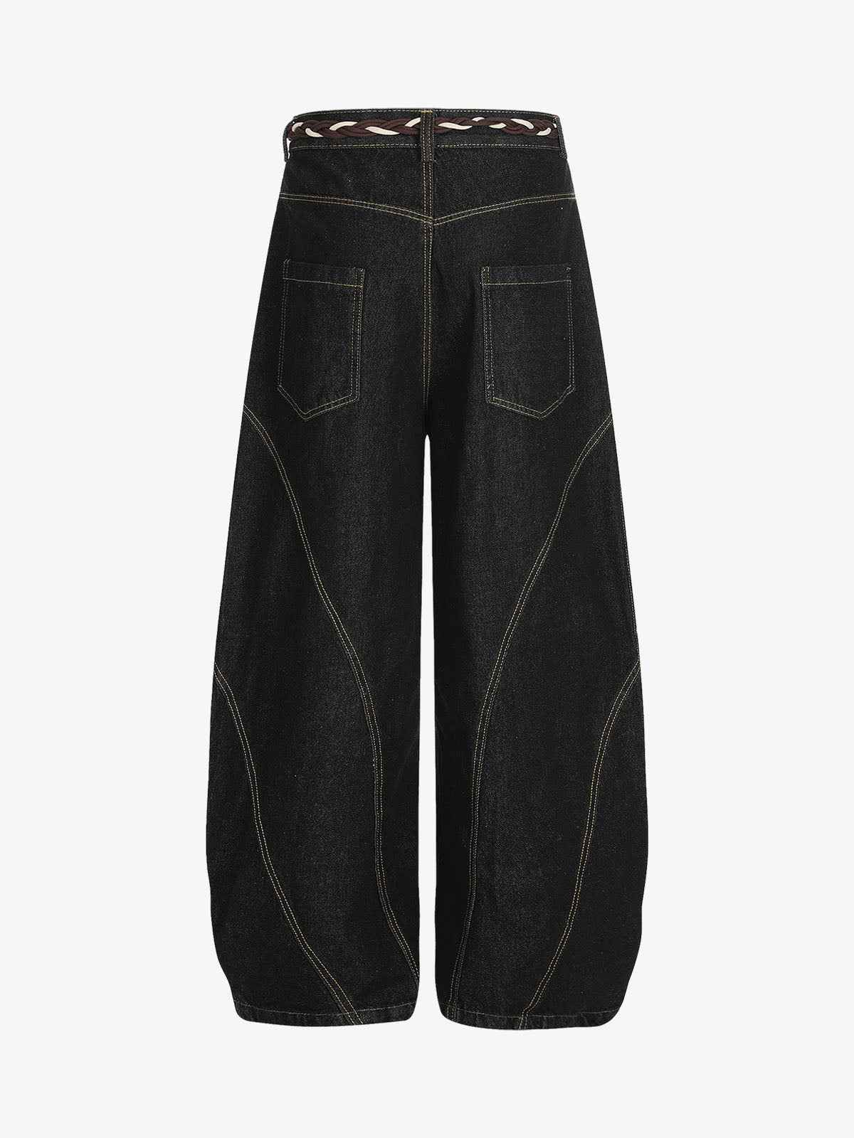 Denim Retro Belt Detail With Patchwork Barrel Jeans - 2490