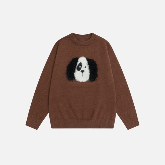 Embroidered Cute Puppy Round Neck Sweater - Luxuryurbanwear