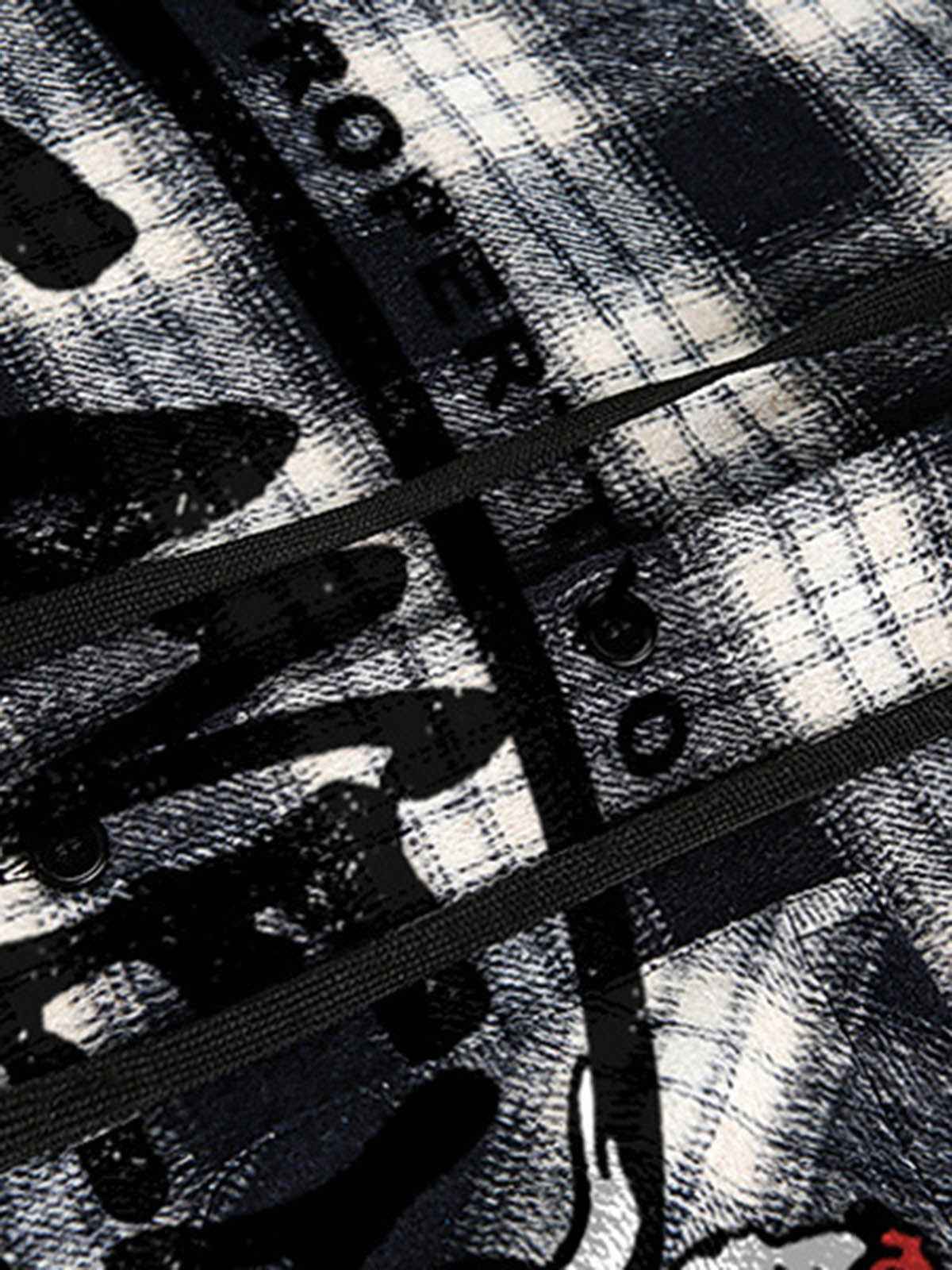 Vintage Black And White Plaid Angel Embroidered Hooded Shirt