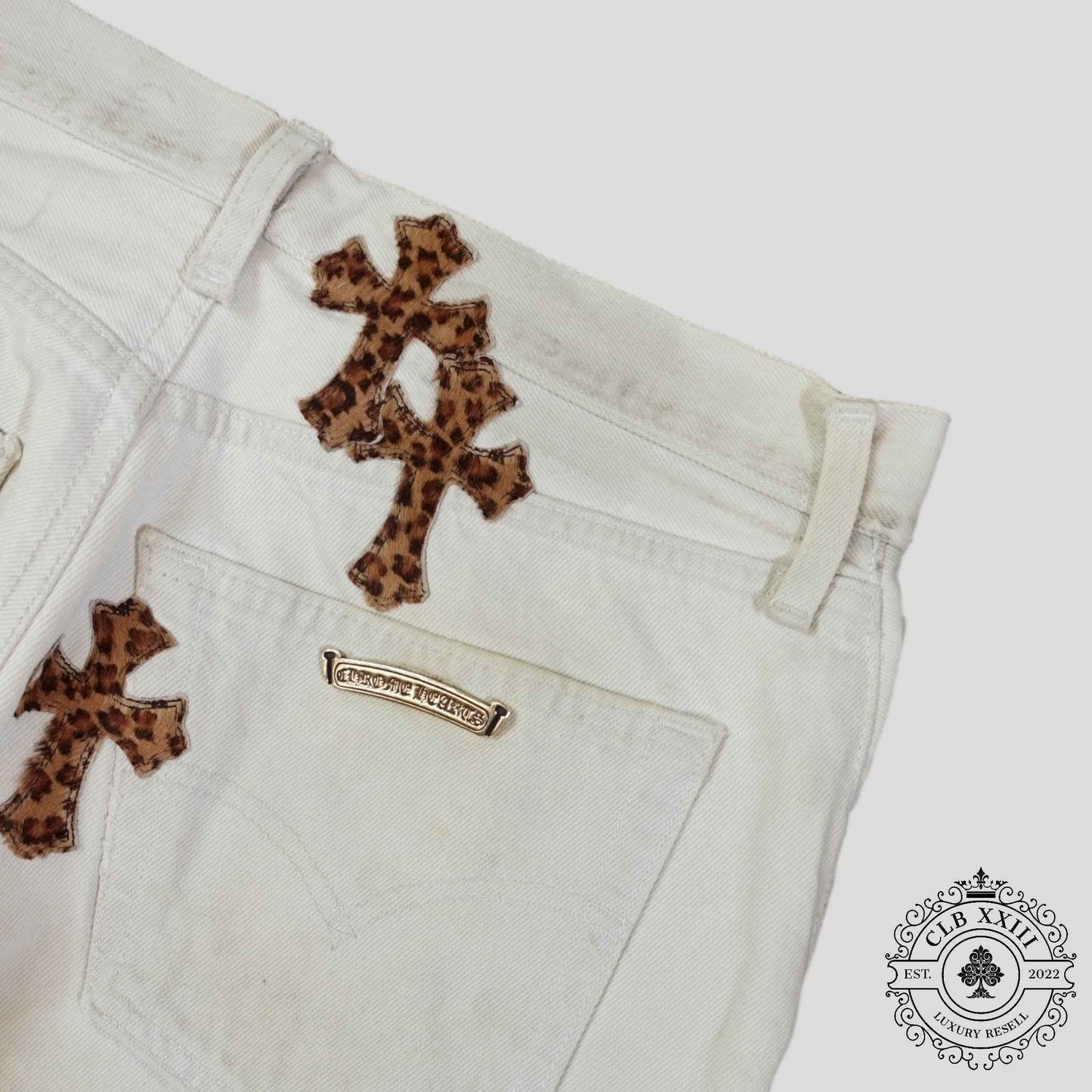 Chrome Hearts Leopard Cross Patch Jeans in White