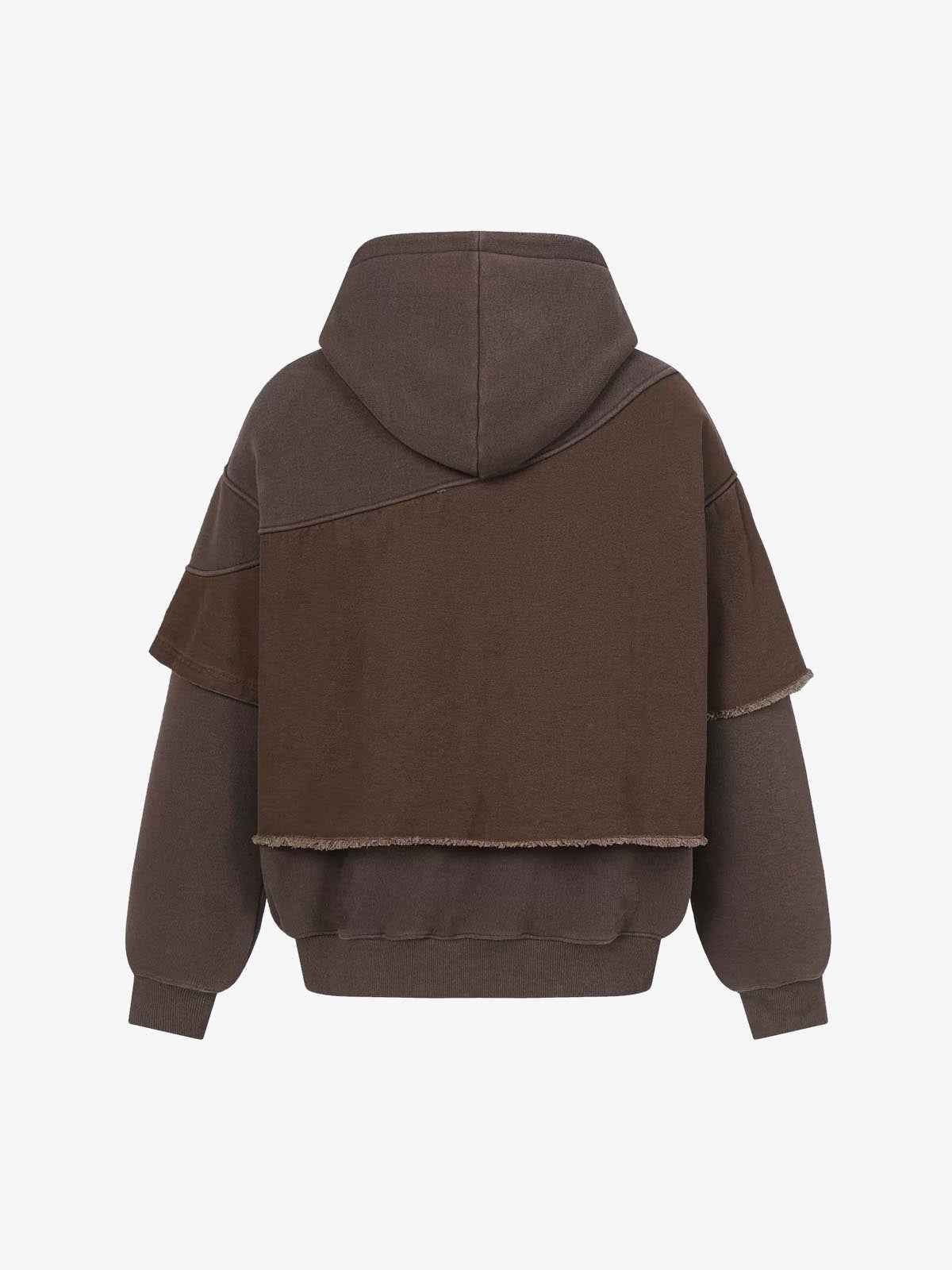 Distressed Patchwork Raw-Edge Layered-Hem Fleece Hoodie