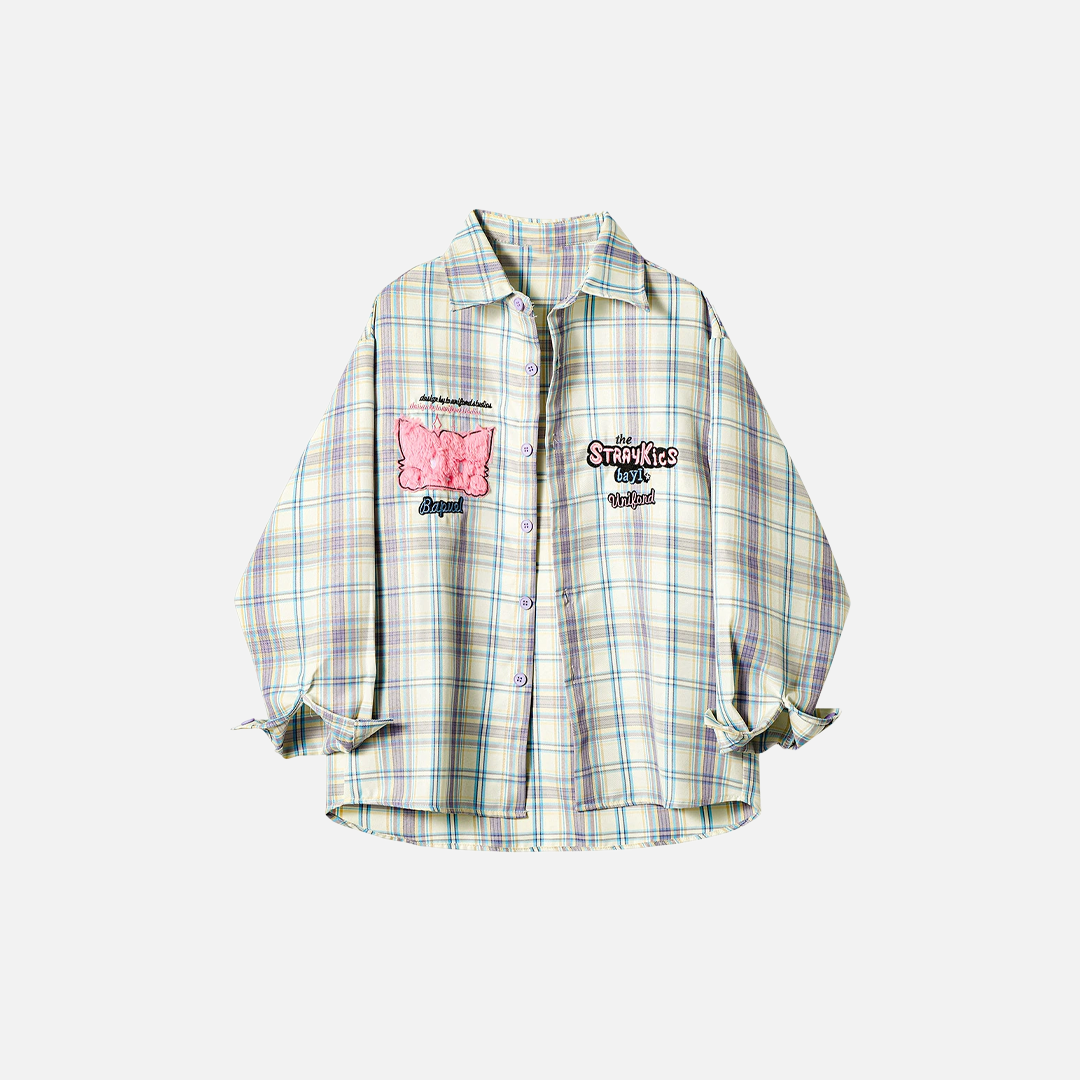 Plaid Embroidery Lapel Spring Fall Long Sleeve Shirt - Luxuryurbanwear