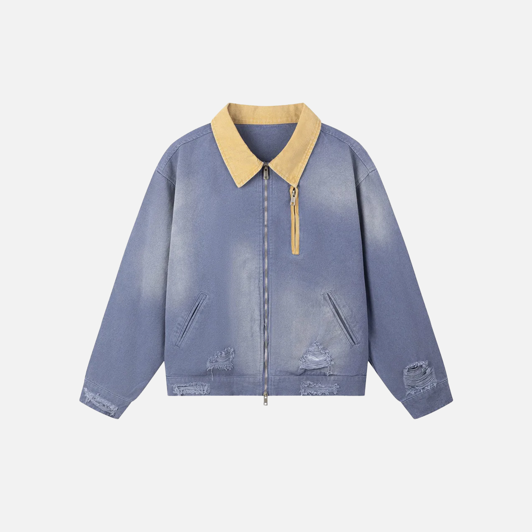 Retro Loose Color Block Cargo Ripped Denim Jacket - Luxuryurbanwear
