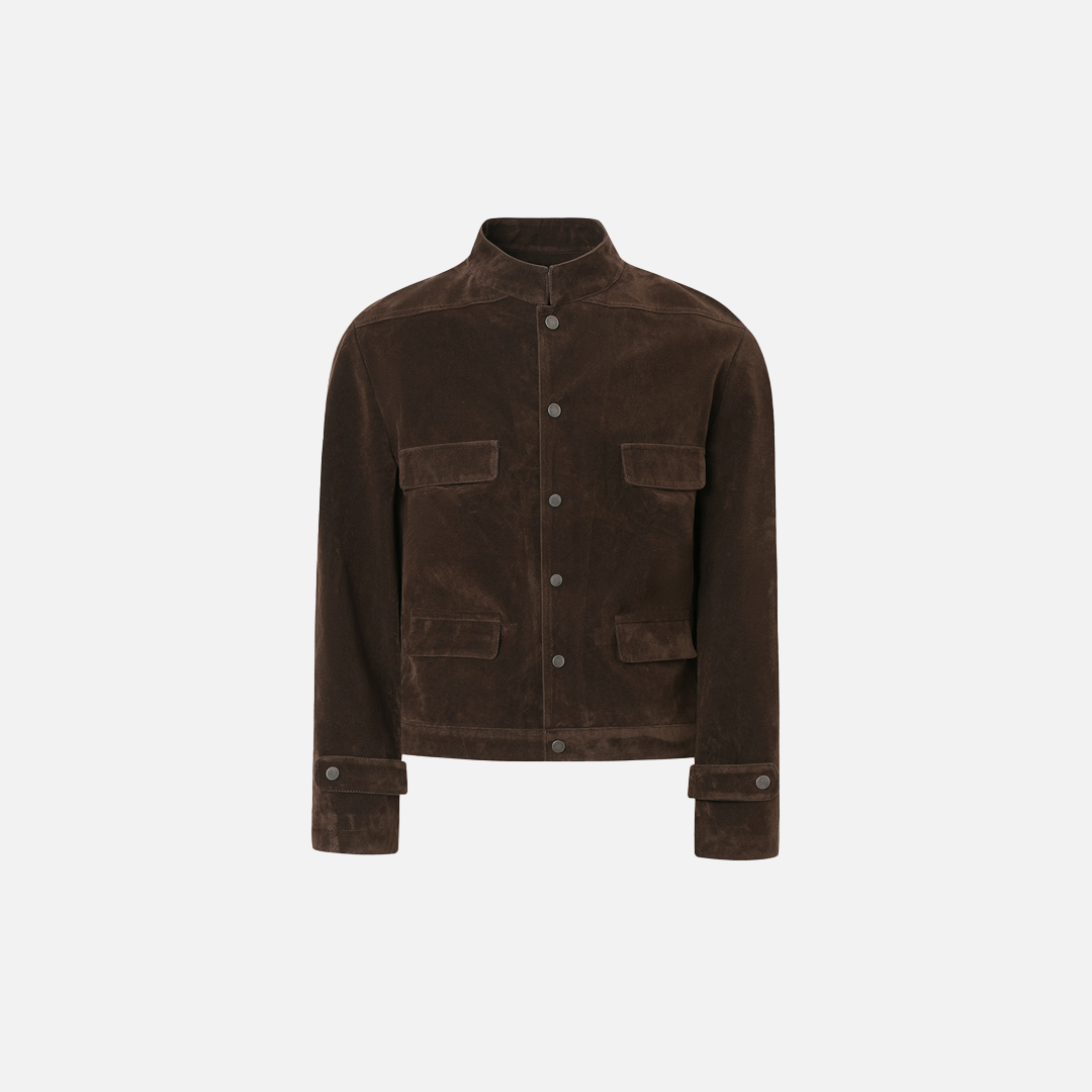 Stylish Multi Pocket Oversized Suede Stand Collar Jacket - Luxuryurbanwear