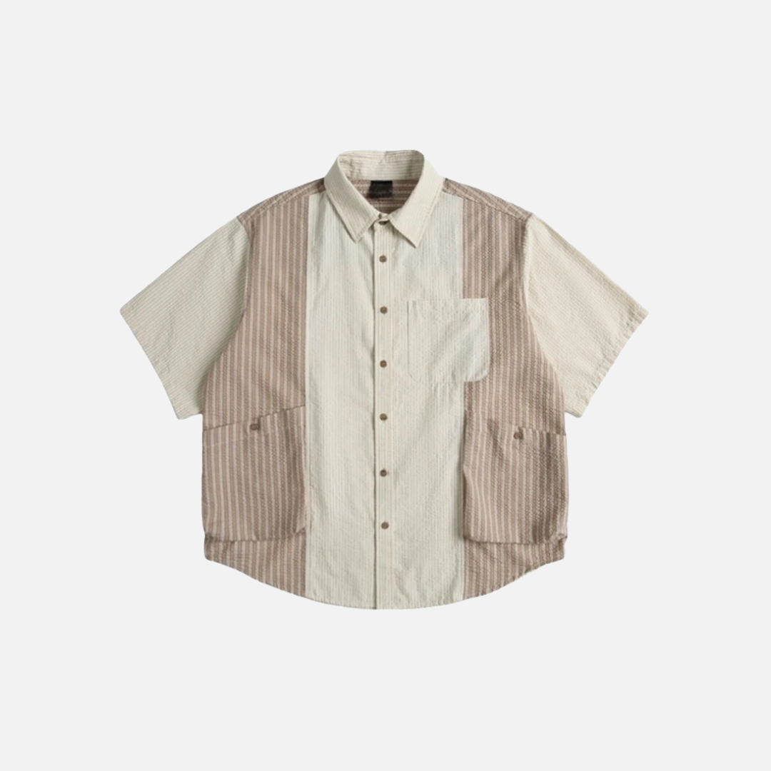 Oversized Striped Splicing Short Sleeve Casual Shirt - Luxuryurbanwear