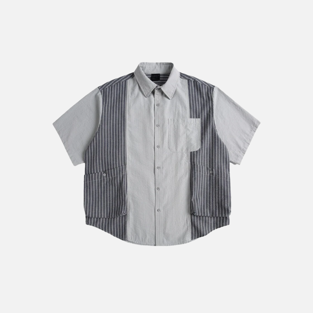 Oversized Striped Splicing Short Sleeve Casual Shirt - Luxuryurbanwear