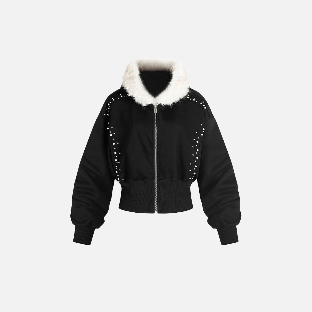 Plush Short Outerwear with Beaded Hooded Sweatshirt - Luxuryurbanwear