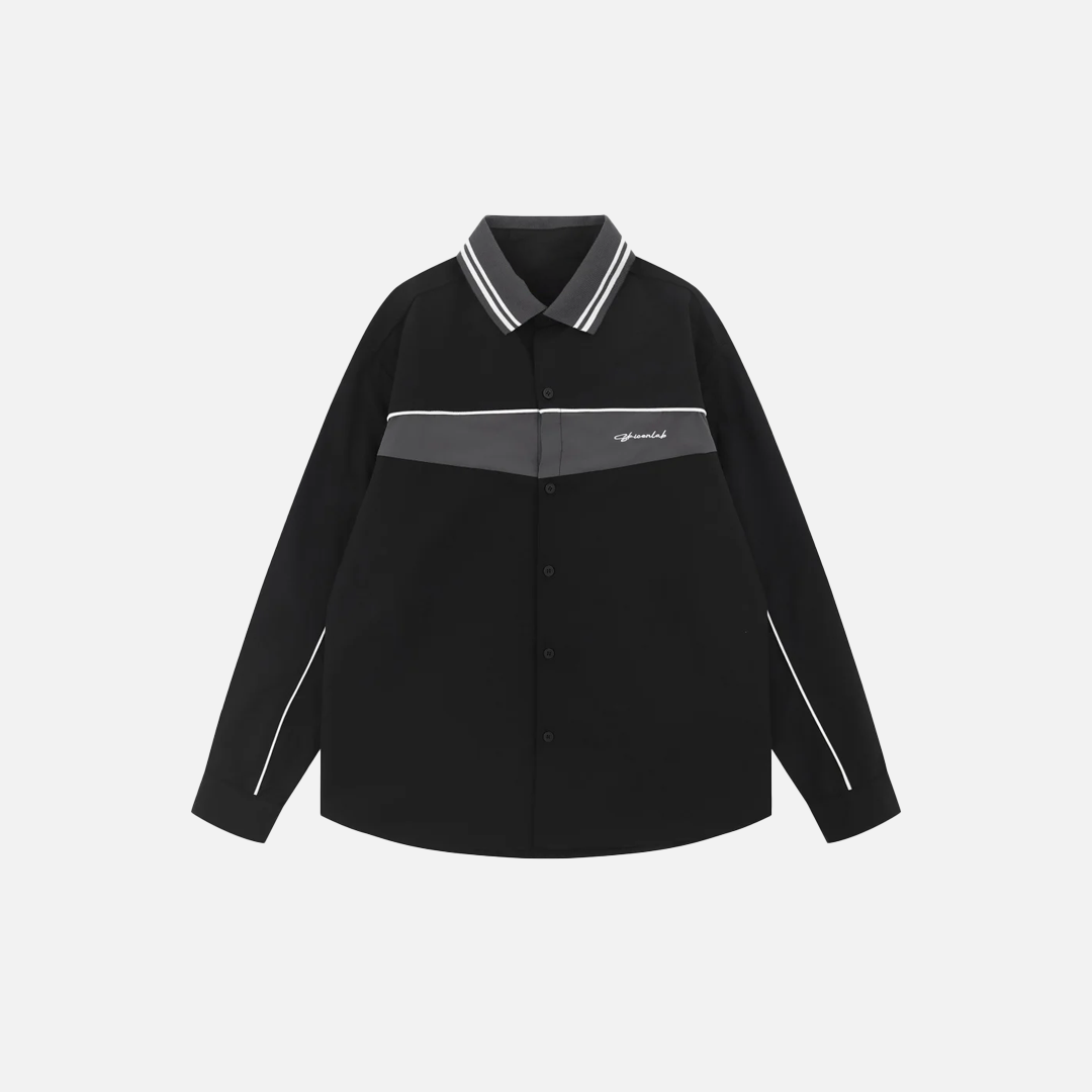 Chic Letter Embroidery Contrast Paneled Long Sleeve Shirt - Luxuryurbanwear