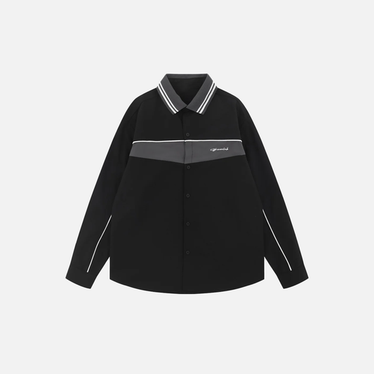 Chic Letter Embroidery Contrast Paneled Long Sleeve Shirt - Luxuryurbanwear