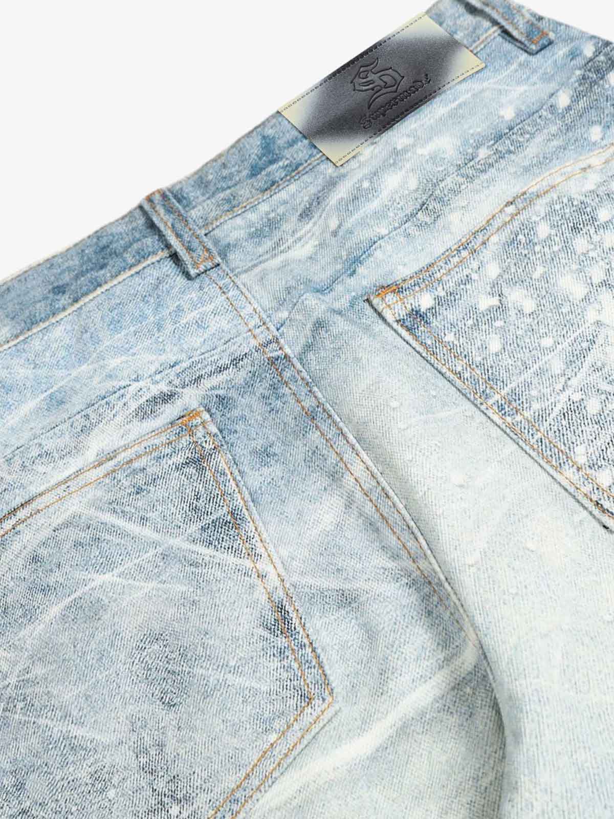 Vintage Washed Rhinestone Wide Leg Denim Jeans - Luxuryurbanwear