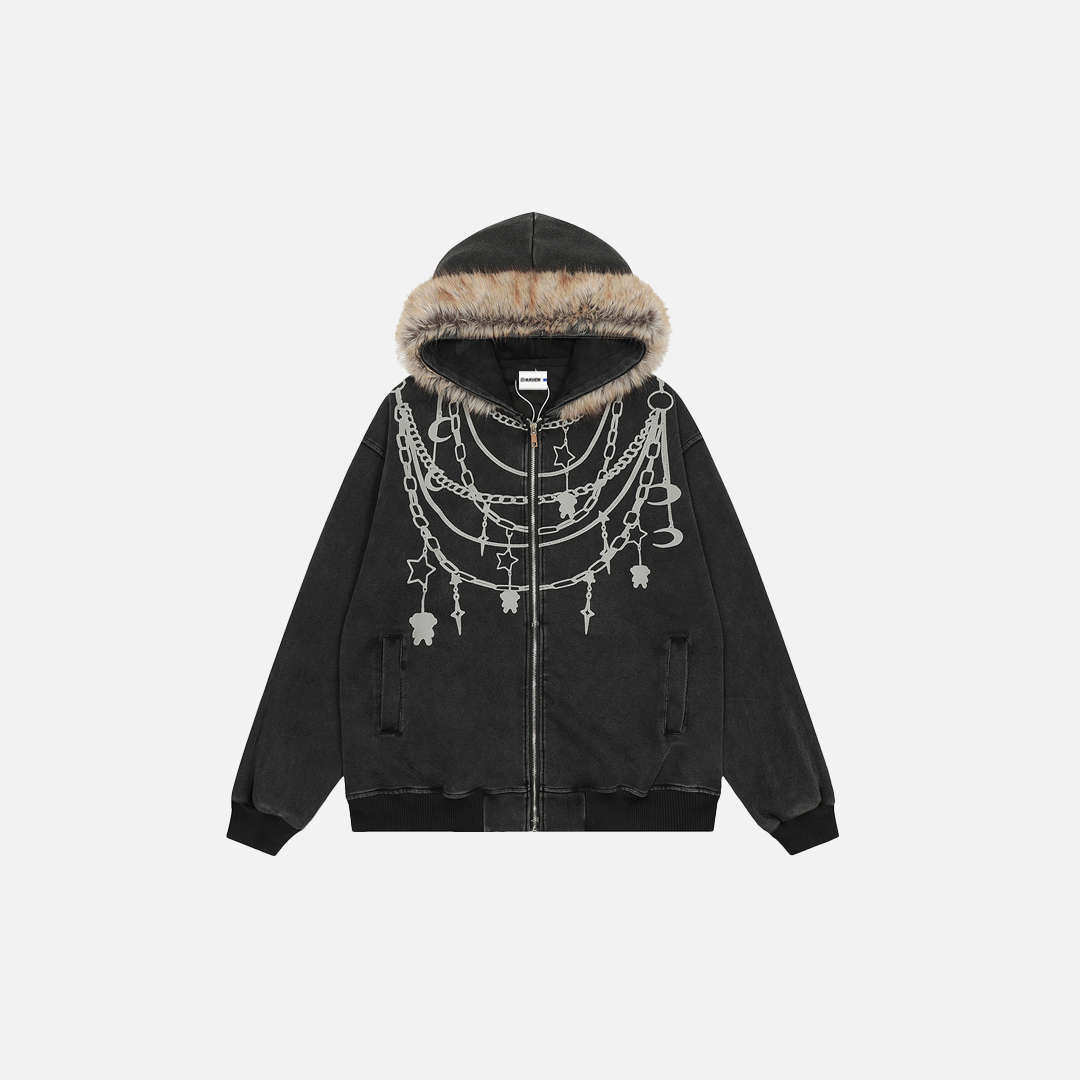 Y2K Chain Print Faux Fur Hooded Washed Sweatshirt - Luxuryurbanwear