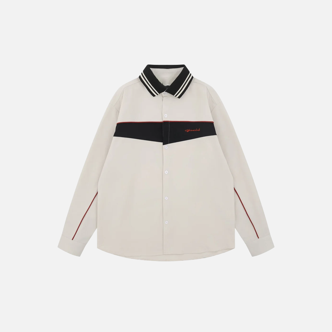 Chic Letter Embroidery Contrast Paneled Long Sleeve Shirt - Luxuryurbanwear