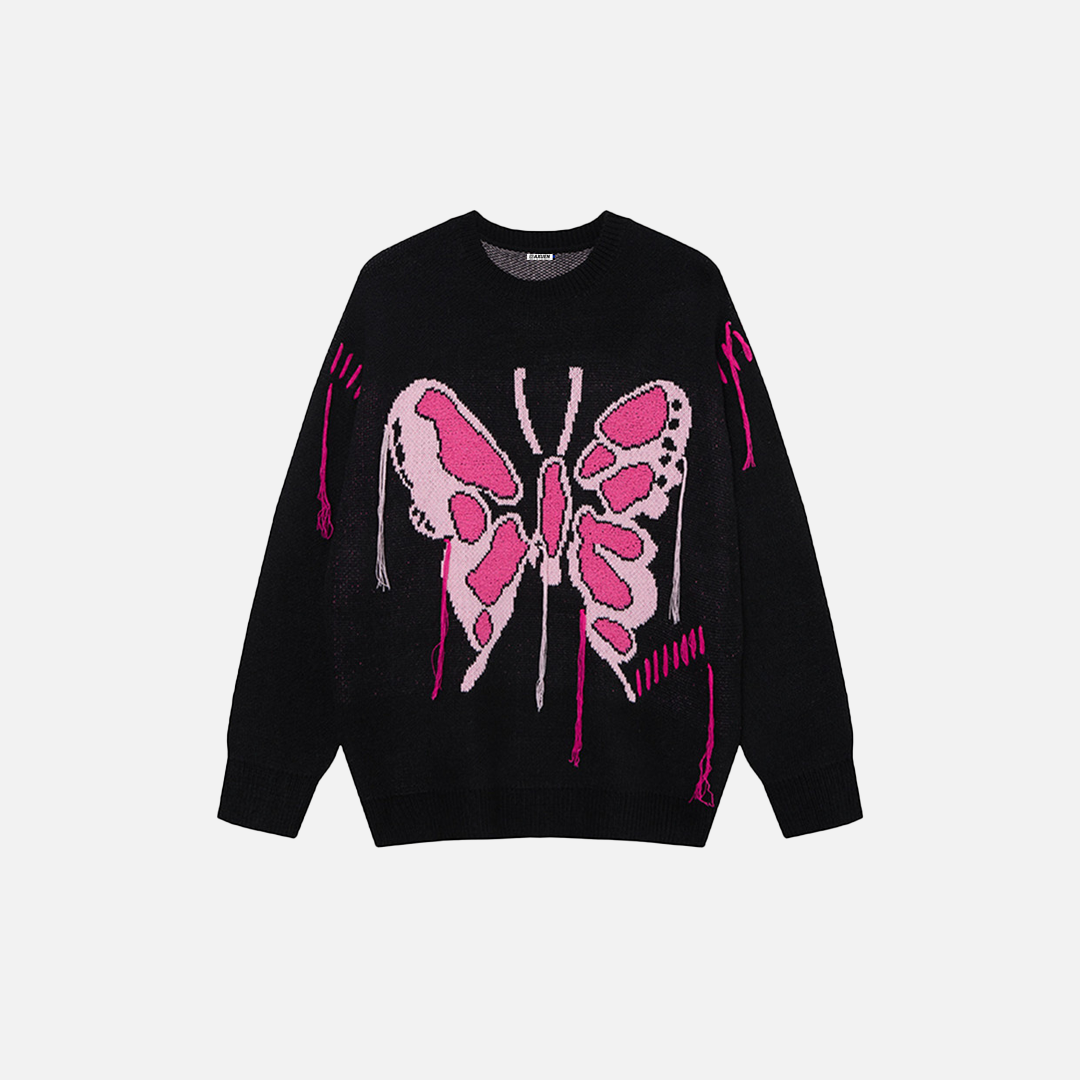 Cozy Butterfly Embroidered Round Neck Sweater - Luxuryurbanwear