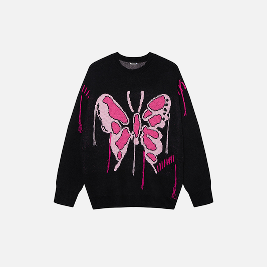 Cozy Butterfly Embroidered Round Neck Sweater - Luxuryurbanwear