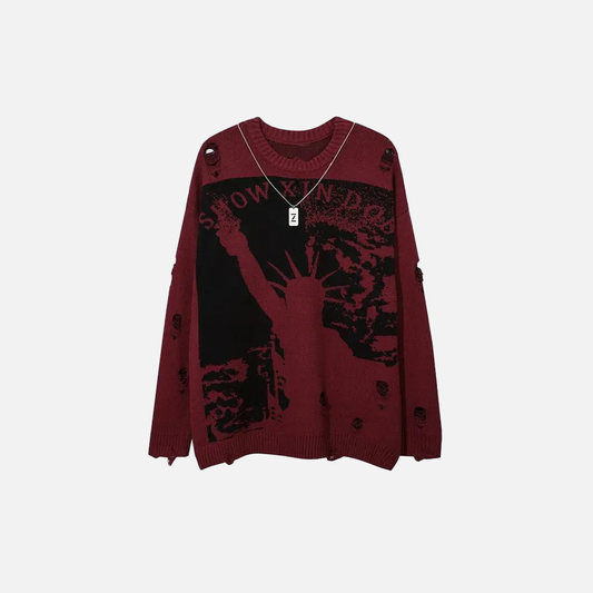 Gothic Streetwear Ripped Liberty Grunge Knit Sweater - Luxuryurbanwear