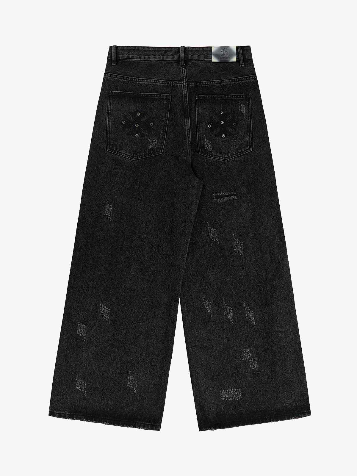 Vintage Washed Distressed Metal Ring Baggy Jeans
