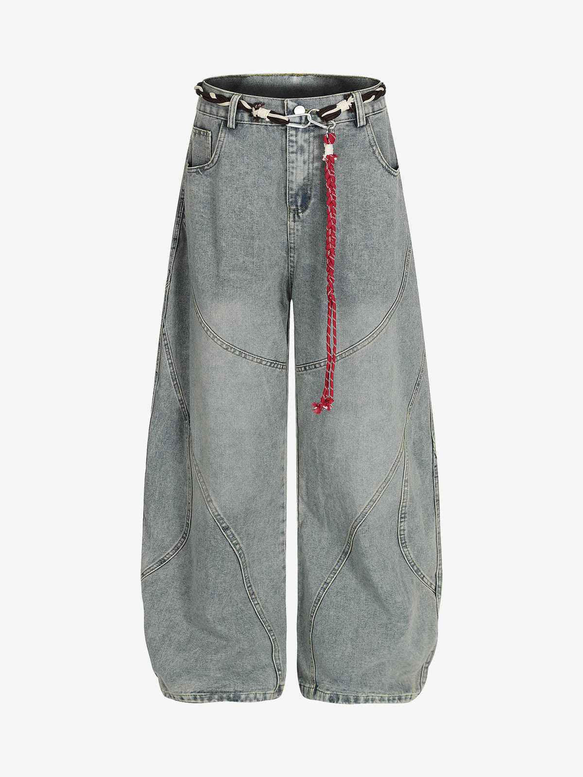Denim Retro Belt Detail With Patchwork Barrel Jeans - 2490
