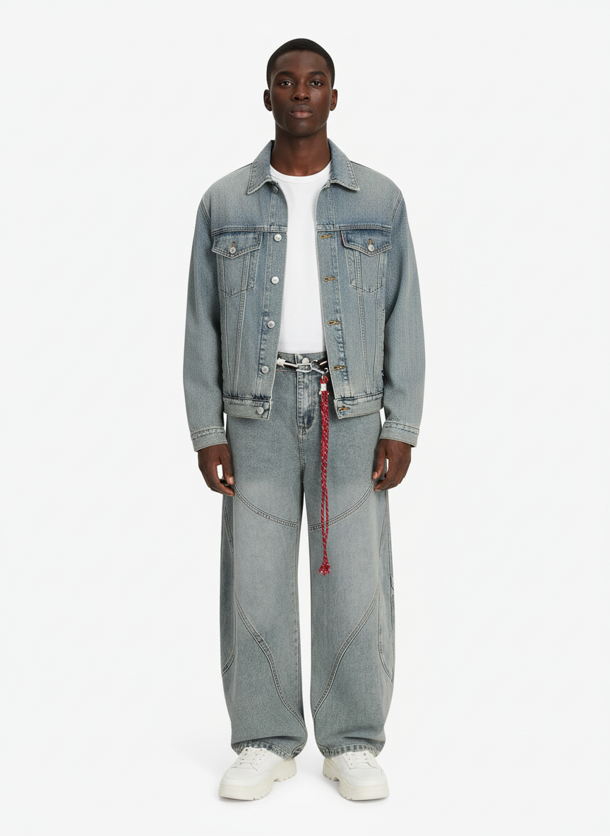 Denim Retro Belt Detail With Patchwork Barrel Jeans - 2490 - Luxuryurbanwear