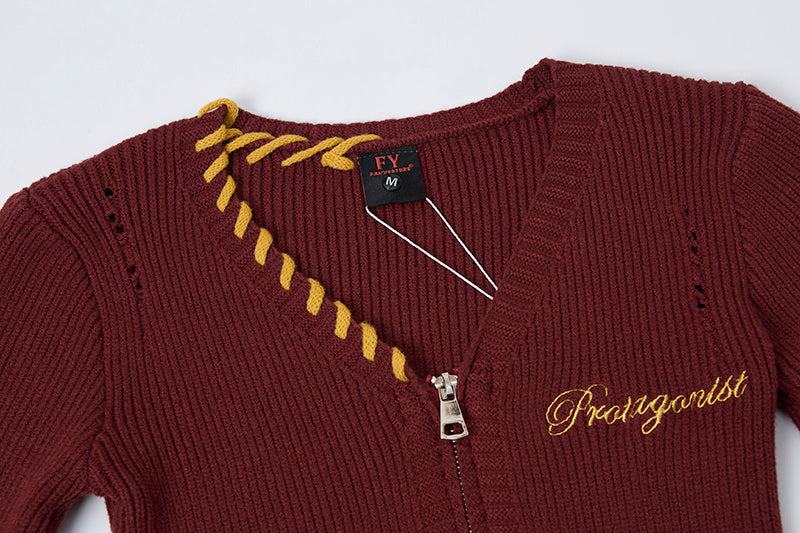 Varsity Twist | Zip-Up Ribbed Knit Cardigan - Luxuryurbanwear