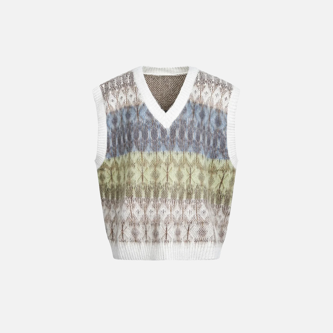 Jacquard Mohair Knitted V-Neck Sleevless Sweater - Luxuryurbanwear