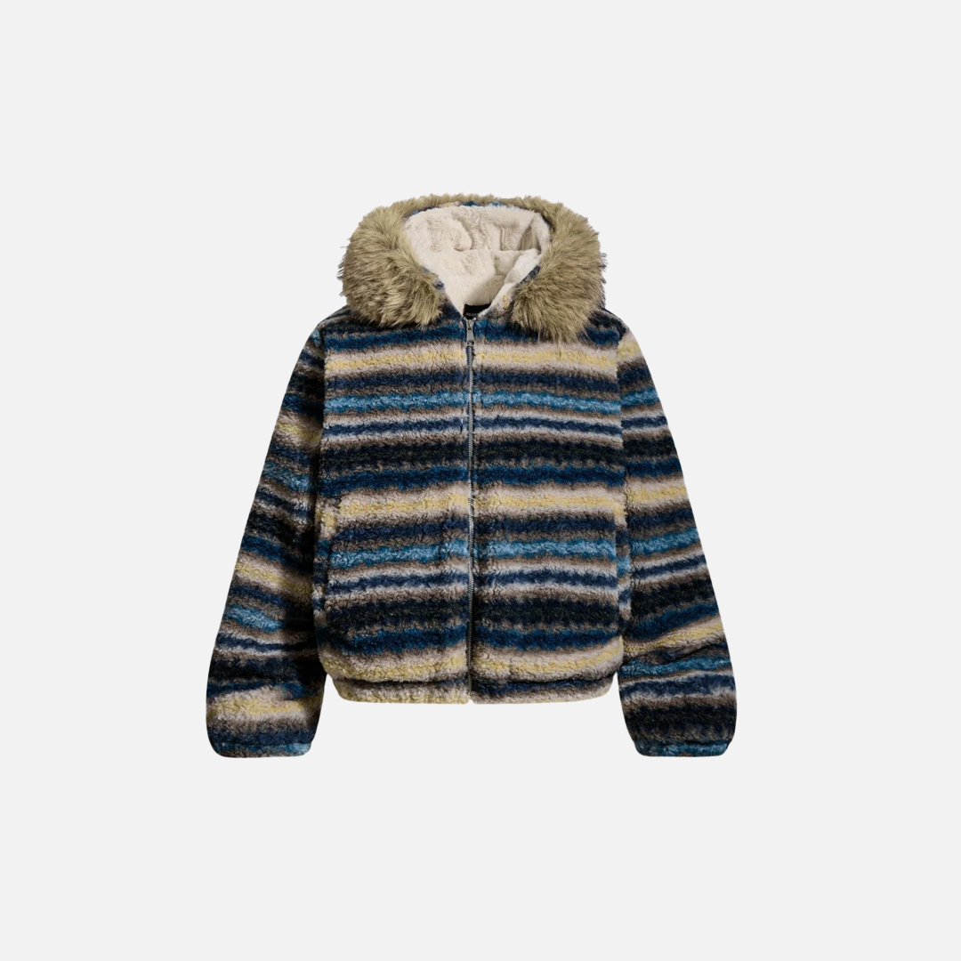 Chic Fair Isle Sherpa Faux Fur Hooded Jacket - Luxuryurbanwear
