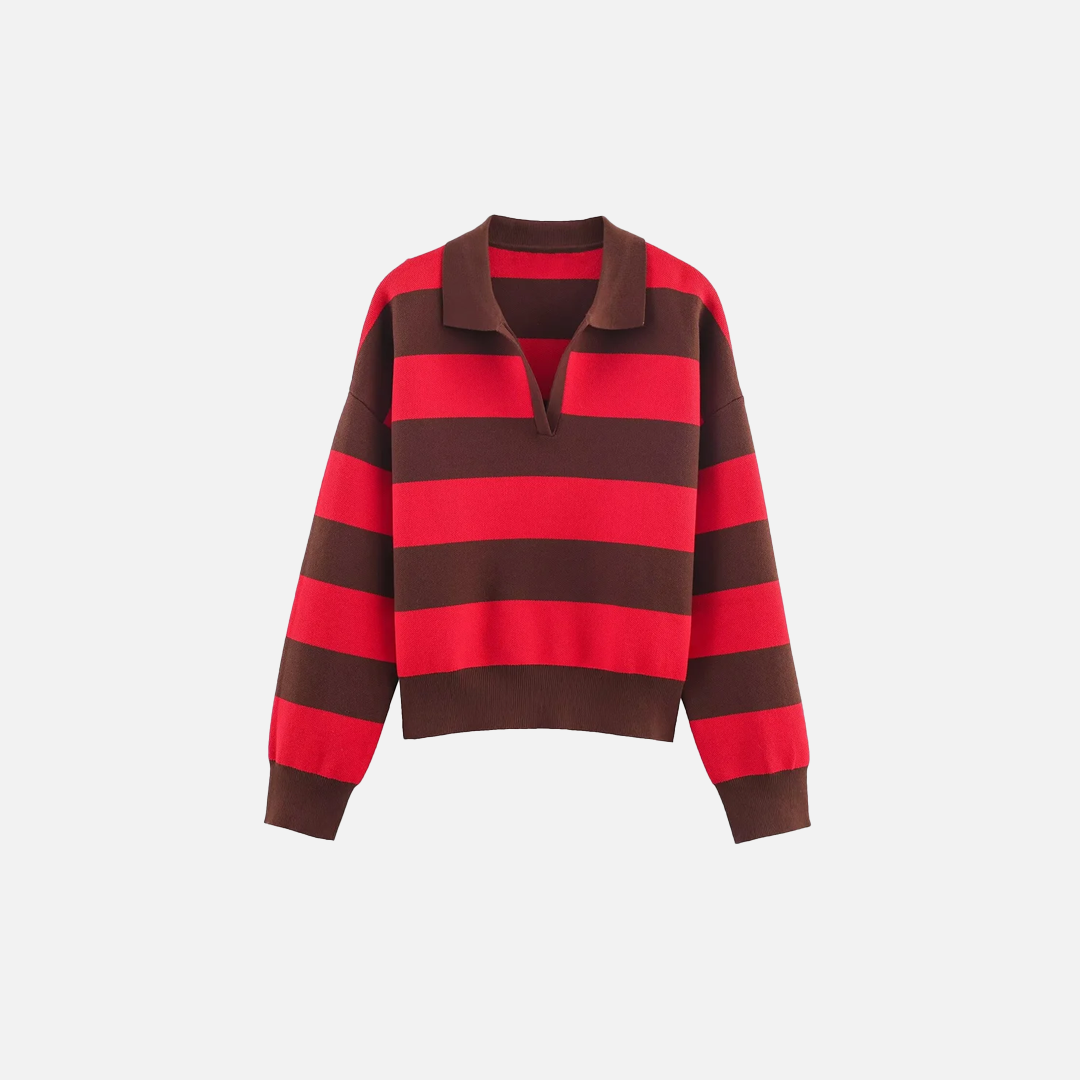 Insulated V-Neck Collar Striped Knit Polo Sweater - Luxuryurbanwear