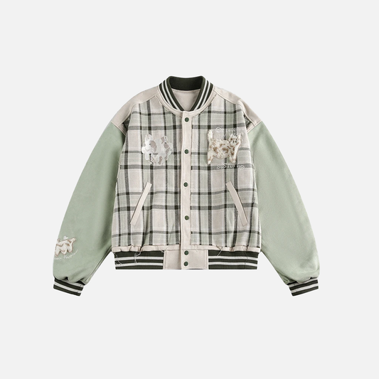 Trendy Embroidered Patchwork Plaid Varsity Jacket - Luxuryurbanwear