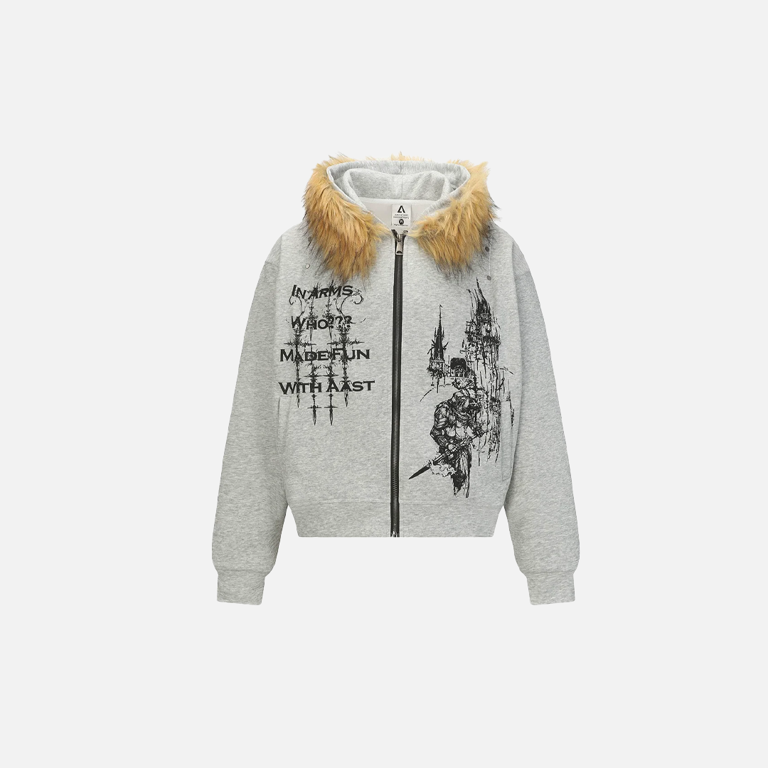 Y2K Retro Graffiti Zip-Up Fur-Collar Hooded Sweatshirt - Luxuryurbanwear