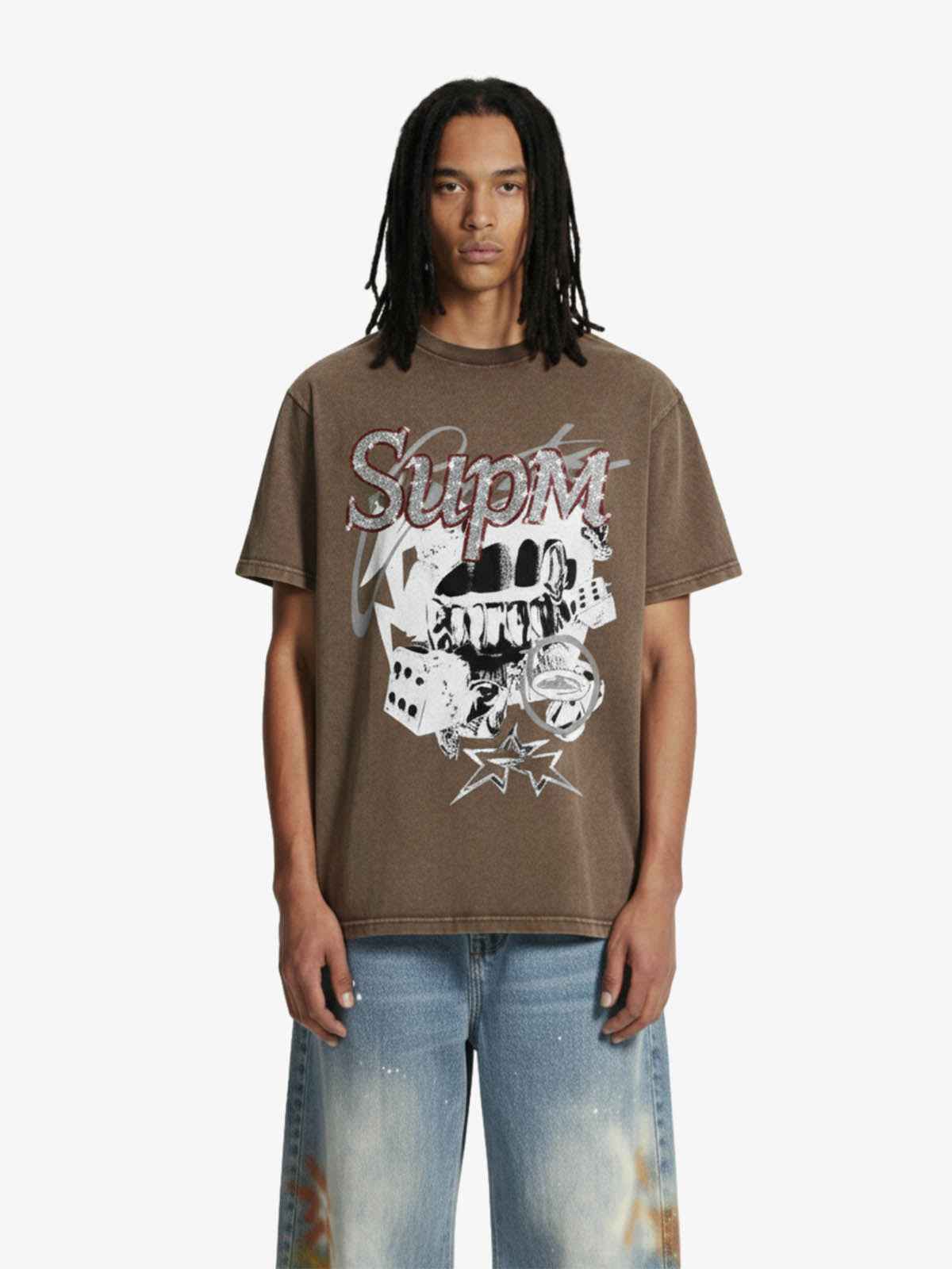 Washed Rhinestone Letter Graphic T-Shirt