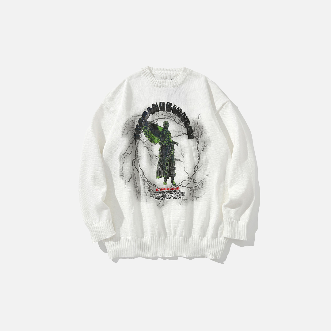 Graffiti Print Round Neck Knit Sweater - Luxuryurbanwear