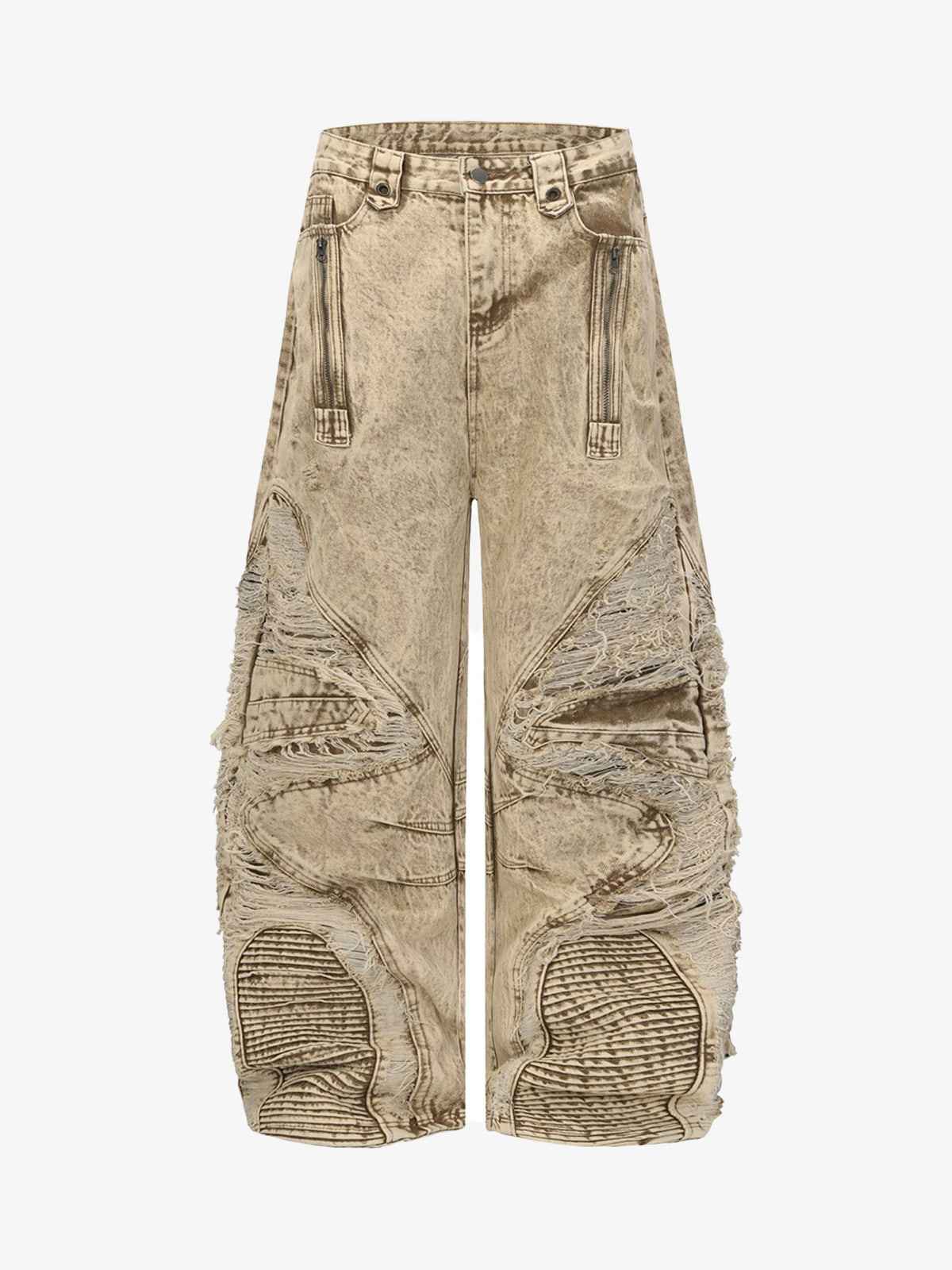Distressed Raw-Edge Panel Sculpted Wide-Leg Jeans